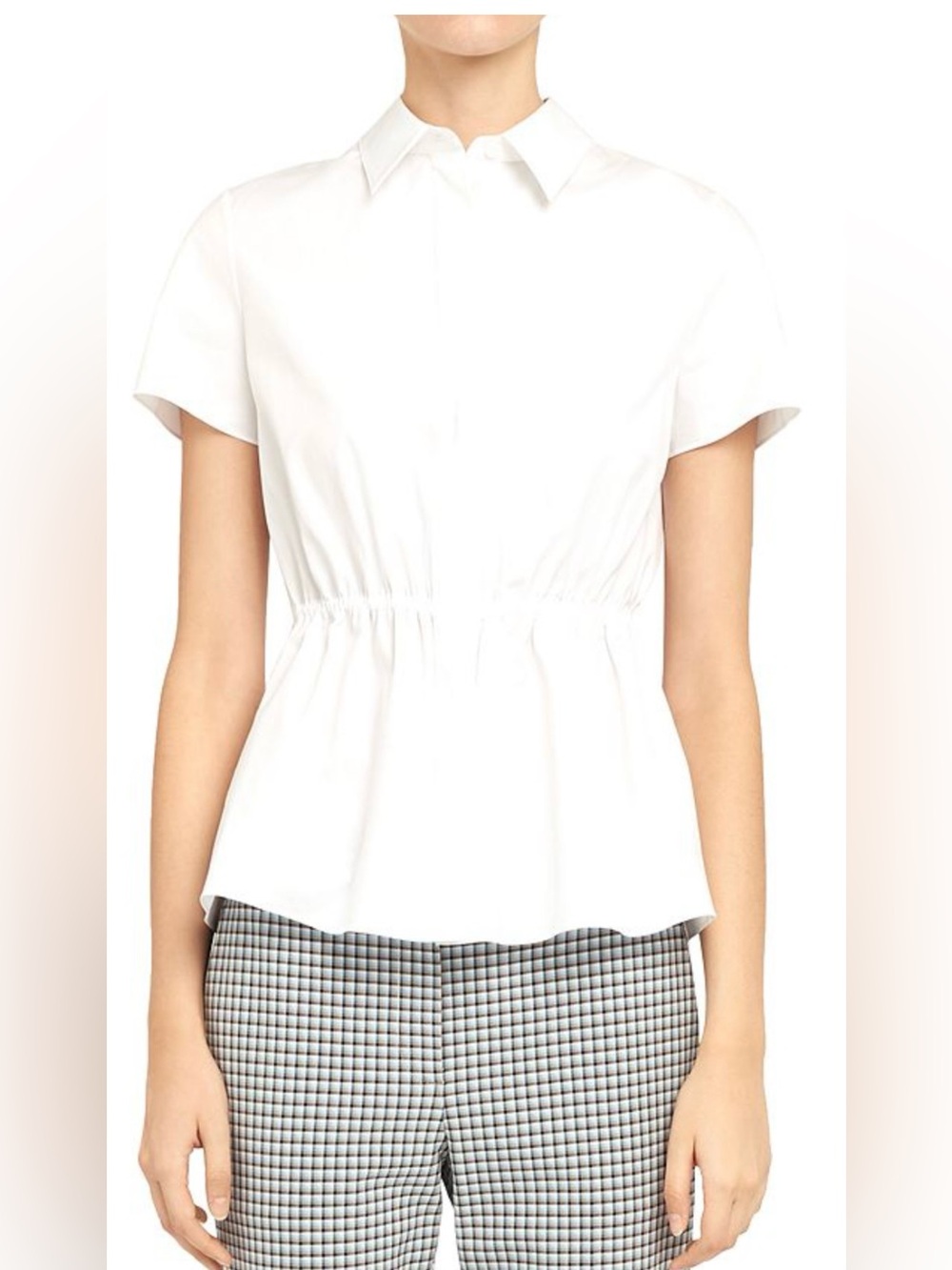 THEORY
Cinched-Waist Short-Sleeve Button-Shirt in White, size L